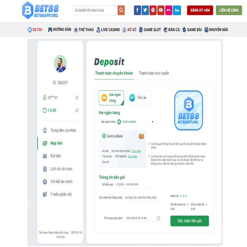 Nạp tiền Bet88 thông qua chuyển khoản ngân hàng và Internet Banking