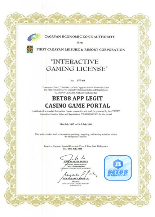 Chứng nhận CEZA cổng game nhà cái Bet88